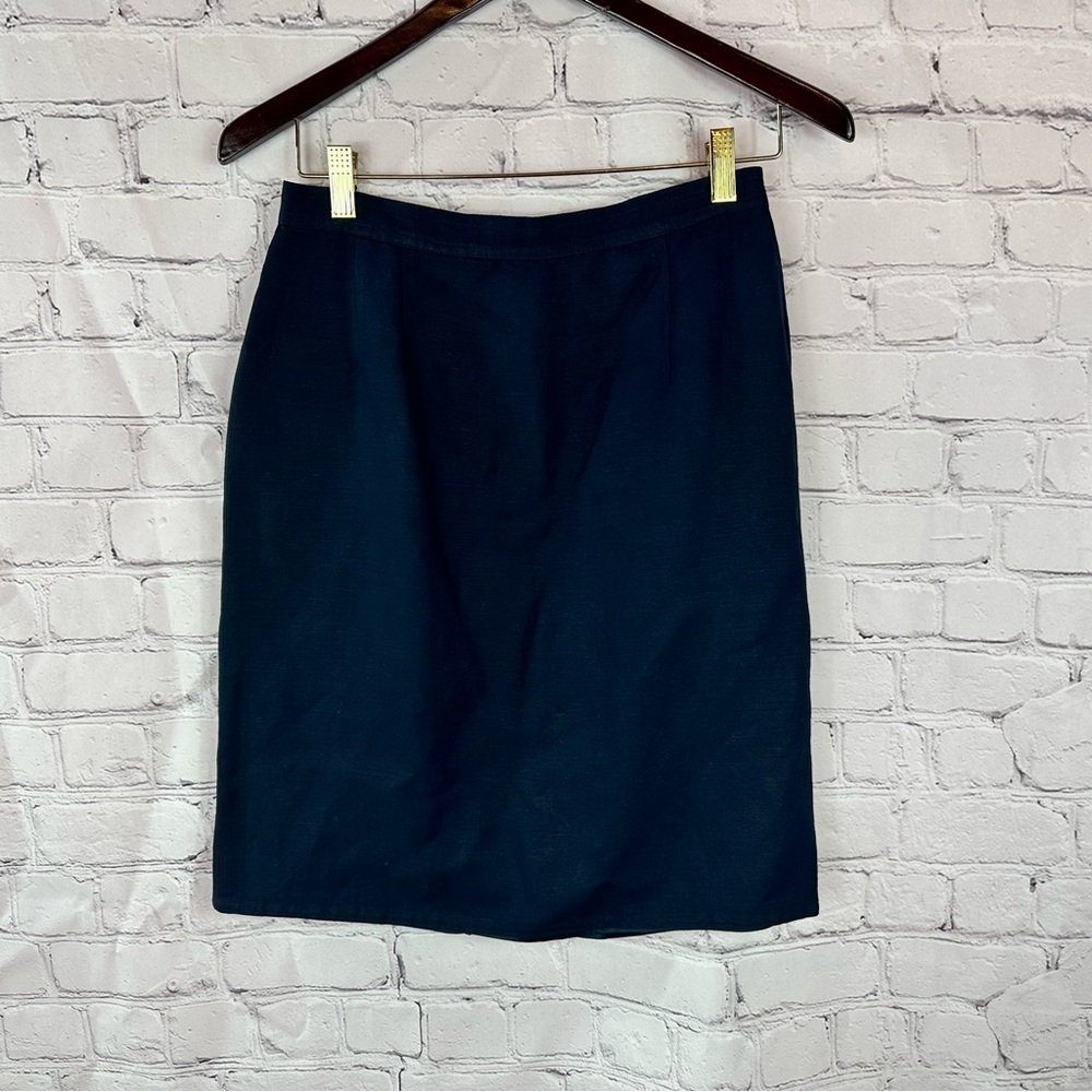 Classic Navy Pencil Skirt linen lined Women 6 professional office minimalist